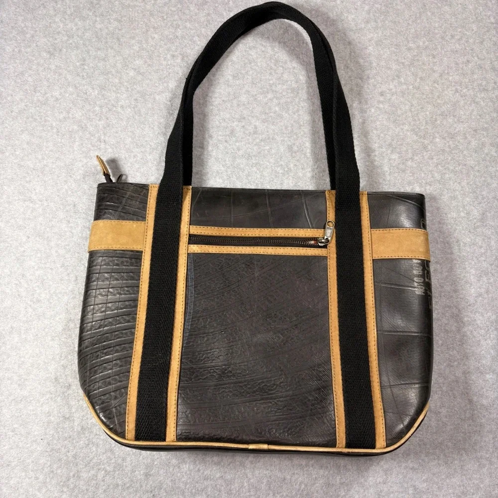 Schreif Recycled Tire Inner Tube Suede Tote Bag Black Tan Plaid Lining Eco Bag